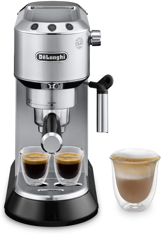 De\u2019Longhi Dedica Espresso Machine with Manual Milk Frother, 15-Bar Pump & Adjustable Tray - Home Barista Coffee Maker for Espresso, Latte, Cappuccino & Iced Coffee - Italian Stainless Steel Design