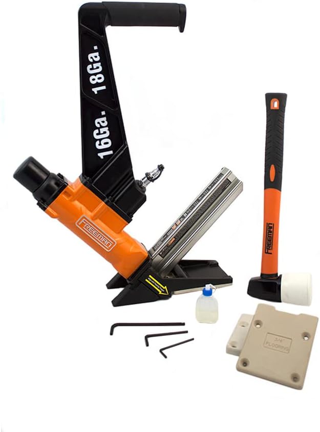 Freeman PF1618GLCN Pneumatic 3-in-1 16-Gauge and 18-Gauge 2" Flooring Nailer with Flooring Mallet and Interchangeable Base Plates