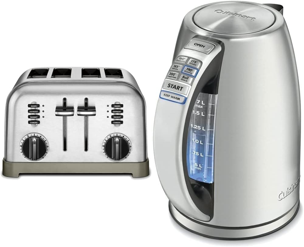 Cuisinart CPT-180P1 Metal Classic 4-Slice Toaster, Brushed Stainless & Electric Kettle, 1.7-Liter Capacity, Cordless 1500-Watts for Fast Heat Up, Stay Cool Non-Slip Handle, Stainless Steel, CPK-17P1