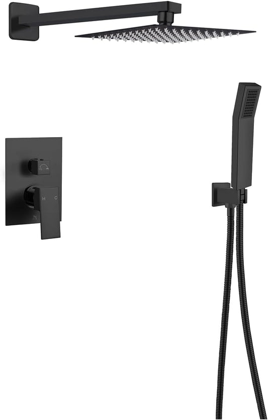 Cpbnorm Square Rainfall Shower Head and Handle Set, Wall Mounted Shower Fixtures, Metal Shower Faucet Trim Repair Kits, With Shower Valve,(Matte Black)