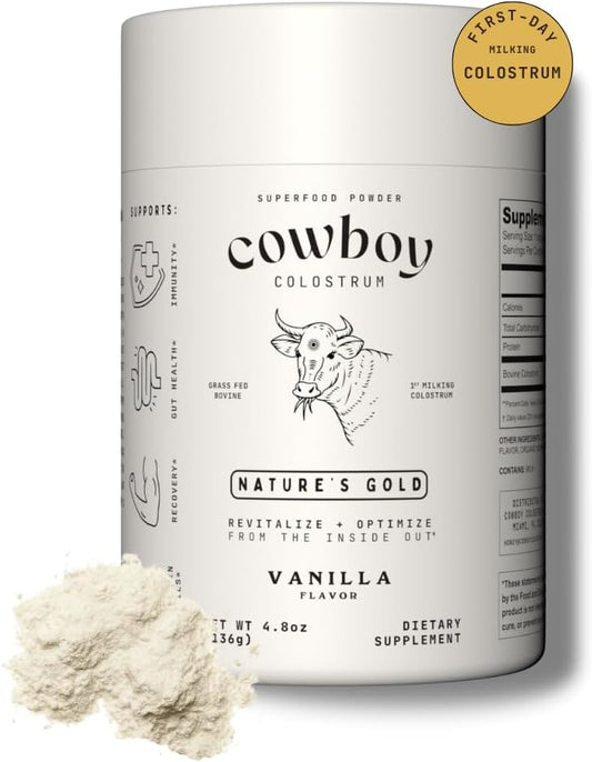 Cowboy Colostrum Powder - Bovine Colostrum Powder for Women & Men - First Day Milking Whole Colostrum - Grass Fed Colostrum Supplement for Gut Health, Immunity, Skin & Hair (Vanilla, 40 Servings)