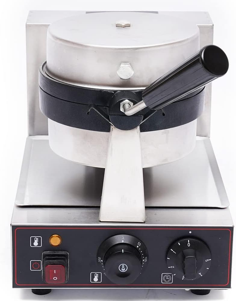Burger Waffle Maker, 1000W Electric Rotation, Nonstick, Stainless Steel, Silver, Modern Style