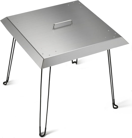 Fire Pit Heat Deflector 24 x 24 x 24 Inch, Stainless Steel Square Fire Pit Deflector Cover to Push Heat Down and Out, Heavy Duty Burner Lid with Foldable Legs