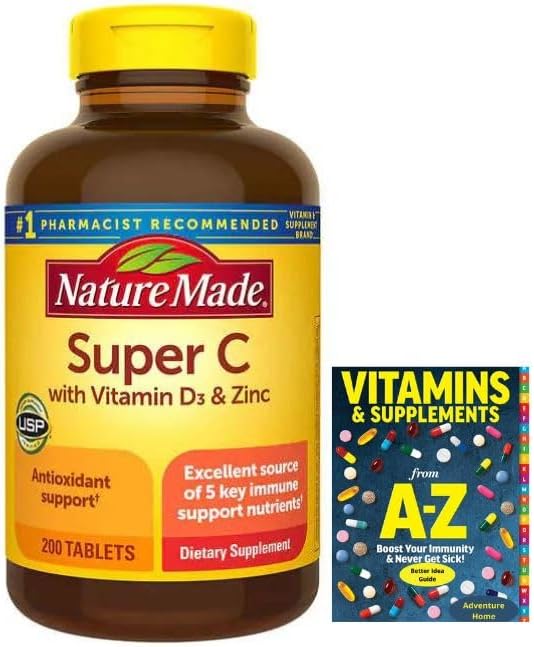 Adventure Home Super C with (Vitamin D3 and Zinc), 200 Tablets,One per Day Tablet+ Better Guide Vitamins Supplements Book Printed