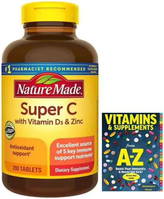 Adventure Home Super C with (Vitamin D3 and Zinc), 200 Tablets,One per Day Tablet+ Better Guide Vitamins Supplements Book Printed