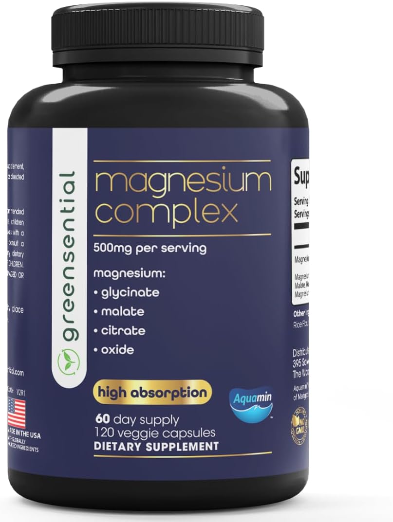 5-in-1 Magnesium Complex 500mg with Aquamin | 2-Month Supply | Glycinate, Oxide, Citrate, Malate | High Absorption for Sleep, Muscles, Joints & Energy | Vegan, 120 Count