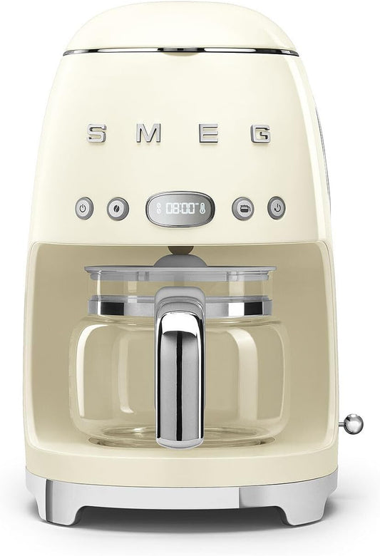 Smeg 50's Retro Style Aesthetic Drip Coffee Machine with 10 Cup Glass Carafe, Auto Start Feature, Keep Warm Plate, and Two Coffee Strength Settings (Cream)