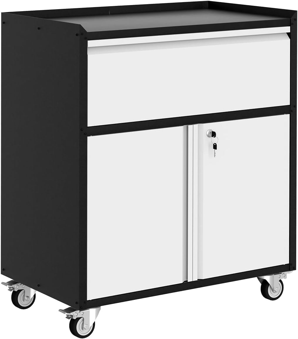 Metal Storage Cabinet with Wheels, Heavy Duty Rolling Tool Cabinet with Adjustable Shelf & Lockable Doors, Rust-Resistant Metal Storage for Home, Office, Workshop, Garage