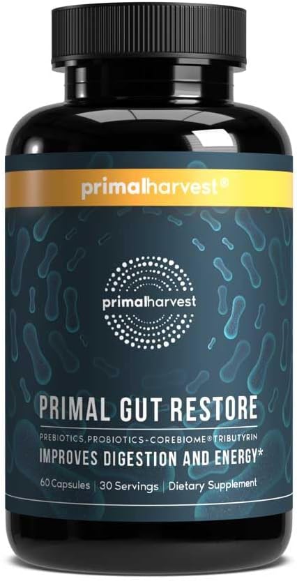 Primal Harvest Restore for Gut Health, Primal Gut Restore w\/POSTbiotics, PREbiotics and PRObiotics for Women and Men, 60 CT - Digestion, Colon Cleanse, Immunity Support - Helps Leaky Gut Repair