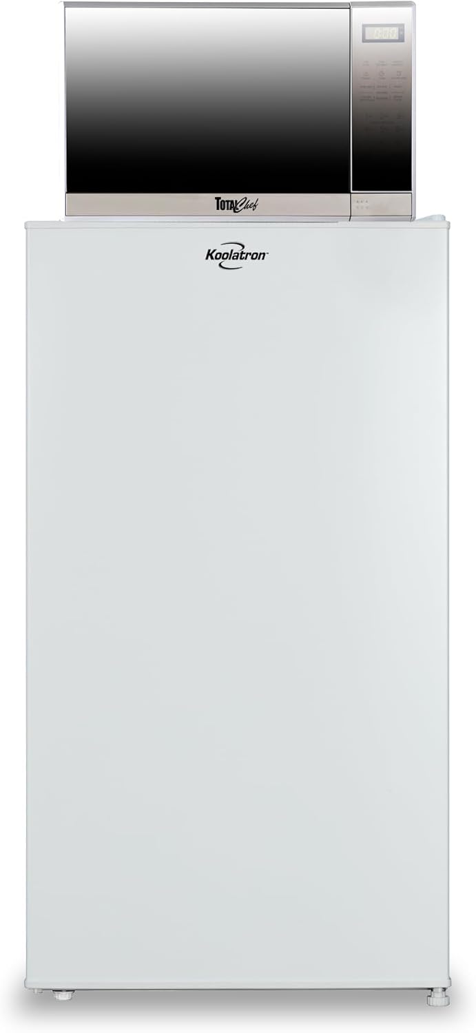 Koolatron 3.1 Cu Ft Compact Fridge + 700W Microwave Combo: Includes White Flat Back Fridge\/Freezer + Total Chef 0.7 Cu Ft Stainless Steel Touch Control Microwave, Student Dorm Room, Office