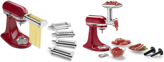 KitchenAid KSMPDX Pasta Deluxe Set Stand Mixer Attachment, 5 Piece, Stainless Steel and KitchenAid KSMMGA Metal Food Grinder Attachment, Silver