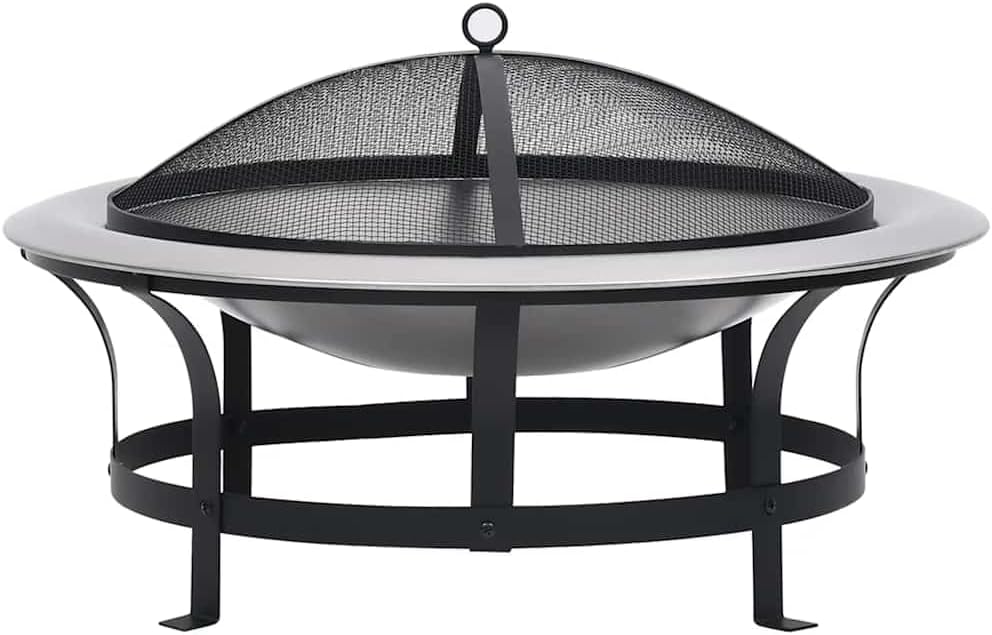 vidaXL Outdoor Fire Pit with Grill 29.9 Inch -, Weatherproof Steel Construction, Safety Mesh, Wood-Handled Poker, Ideal for Deck, Patio, Backyard Use