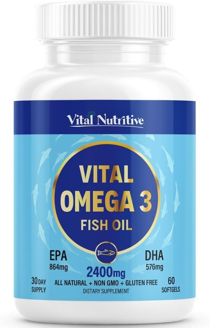 Vital Omega 3 Fish Oil Supplements 2400mg | 864mg EPA & 576mg DHA | 1440mg Total Omega-3 Fatty Acids | Promotes Brain & Heart Health | Non-GMO, Gluten-Free, Sugar-Free | Lemon | 30 Day Servings