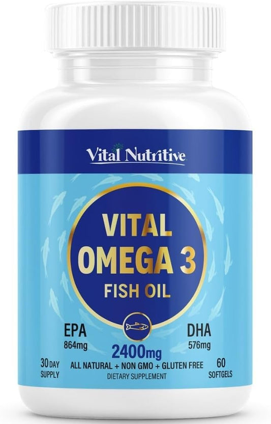 Vital Omega 3 Fish Oil Supplements 2400mg | 864mg EPA & 576mg DHA | 1440mg Total Omega-3 Fatty Acids | Promotes Brain & Heart Health | Non-GMO, Gluten-Free, Sugar-Free | Lemon | 30 Day Servings