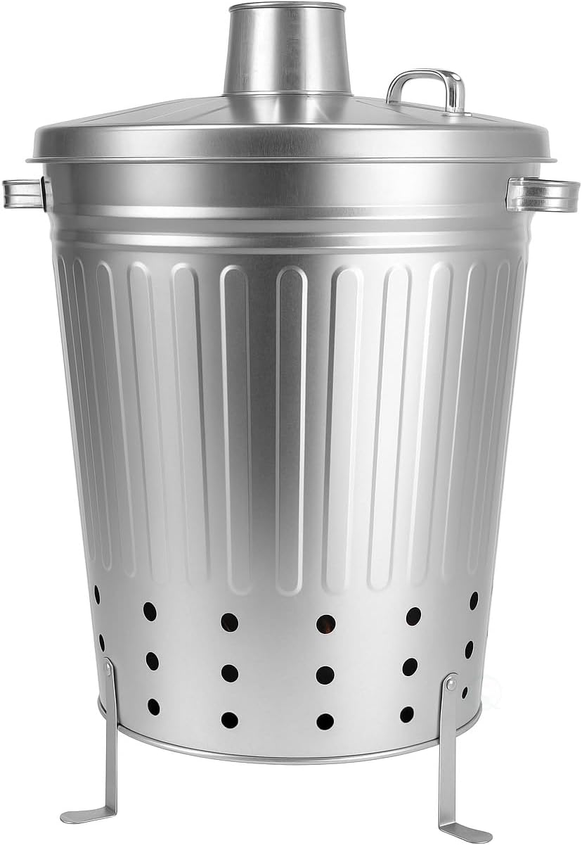 Gardenised Silver Galvanized Steel Outdoor Incinerator Can Large Garden Waste Burner Bin with Lid Ventilation Holes & Raised Legs for Yard Patio Backyard Leaves Paper and Household Debris