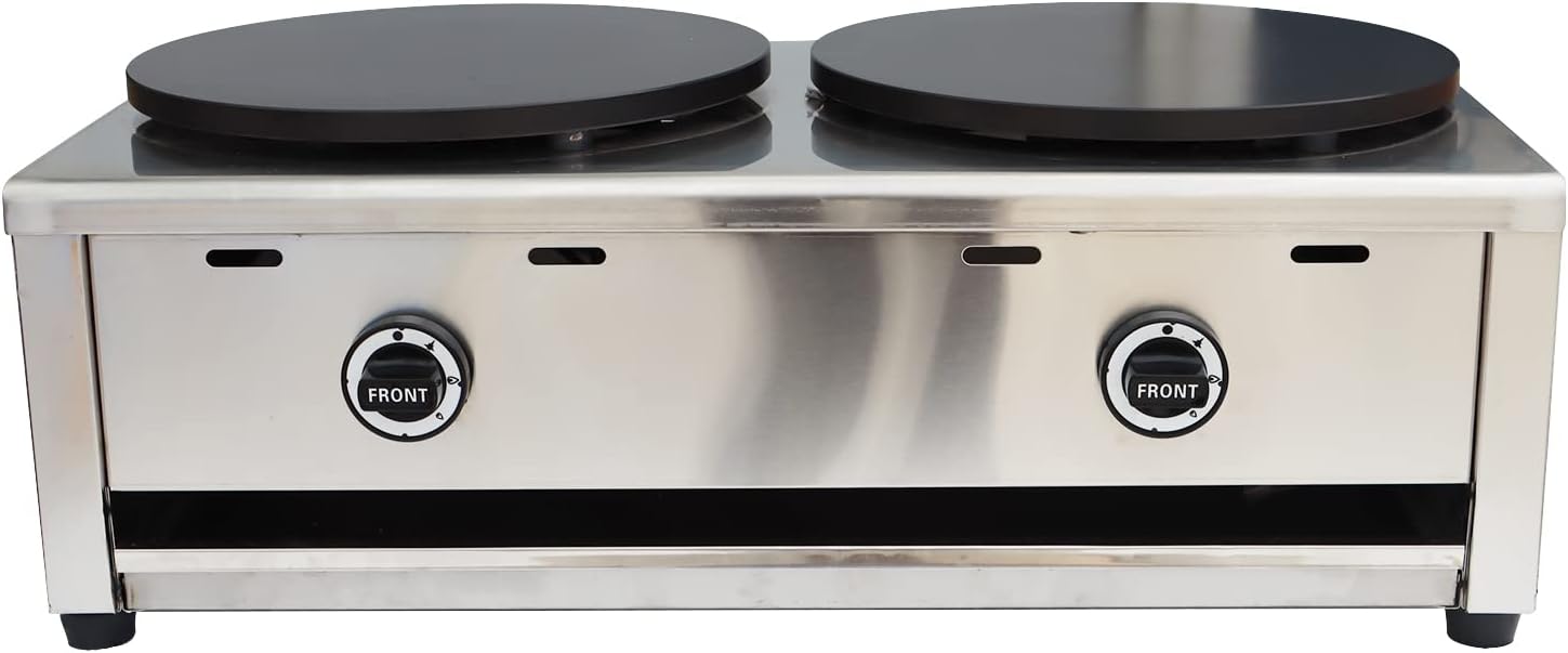 Commercial Double Burner Crepe Making Machine, LP Gas Nonstick Pancake Maker 15.74inch Griddle for Blintzes Tortilla Pancakes Eggs Bacon 2800PA