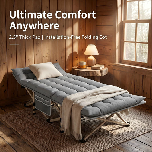 550LBS Heavy Duty Folding Camp Cot, Extra Wide Portable Bed with Thick Mattress,74.8" L x 26.3" W , Grey