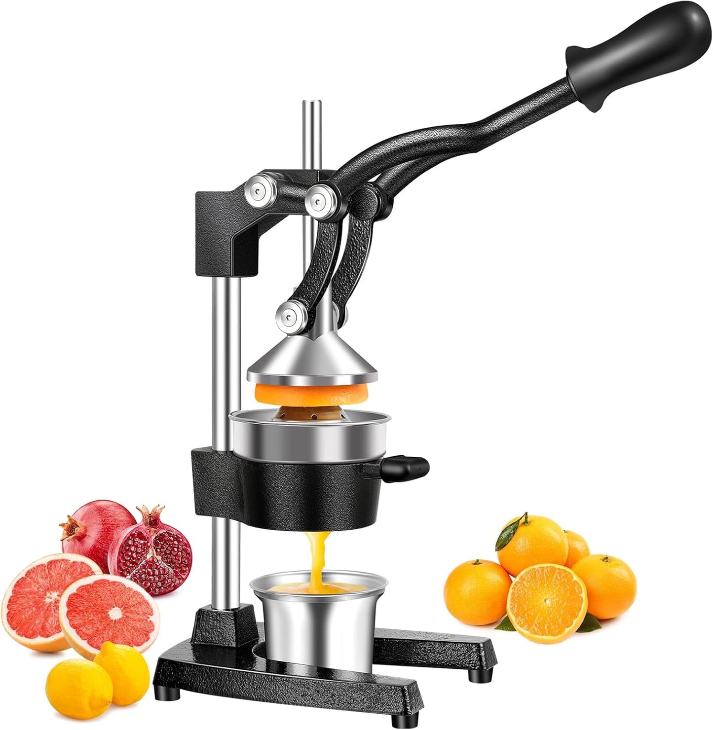 Commercial Heavy-Duty Cast-Iron Hand-Press Manual Juicer Squeezer for Orange Lemon Lime Pomegranate Citrus Fruits with Stainless Steel Cup, Grapefruit Juicer, Orange Press, Black