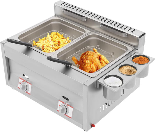 6 Liter*2 Basket Deep Fryer with Basket and Lid, Commercial Deep Fryer, Countertop Commercial Dual Tank Kitchen Fat Fryer,Countertop Gas Stainless Steel Fryer Deep Fryer Propane LPG