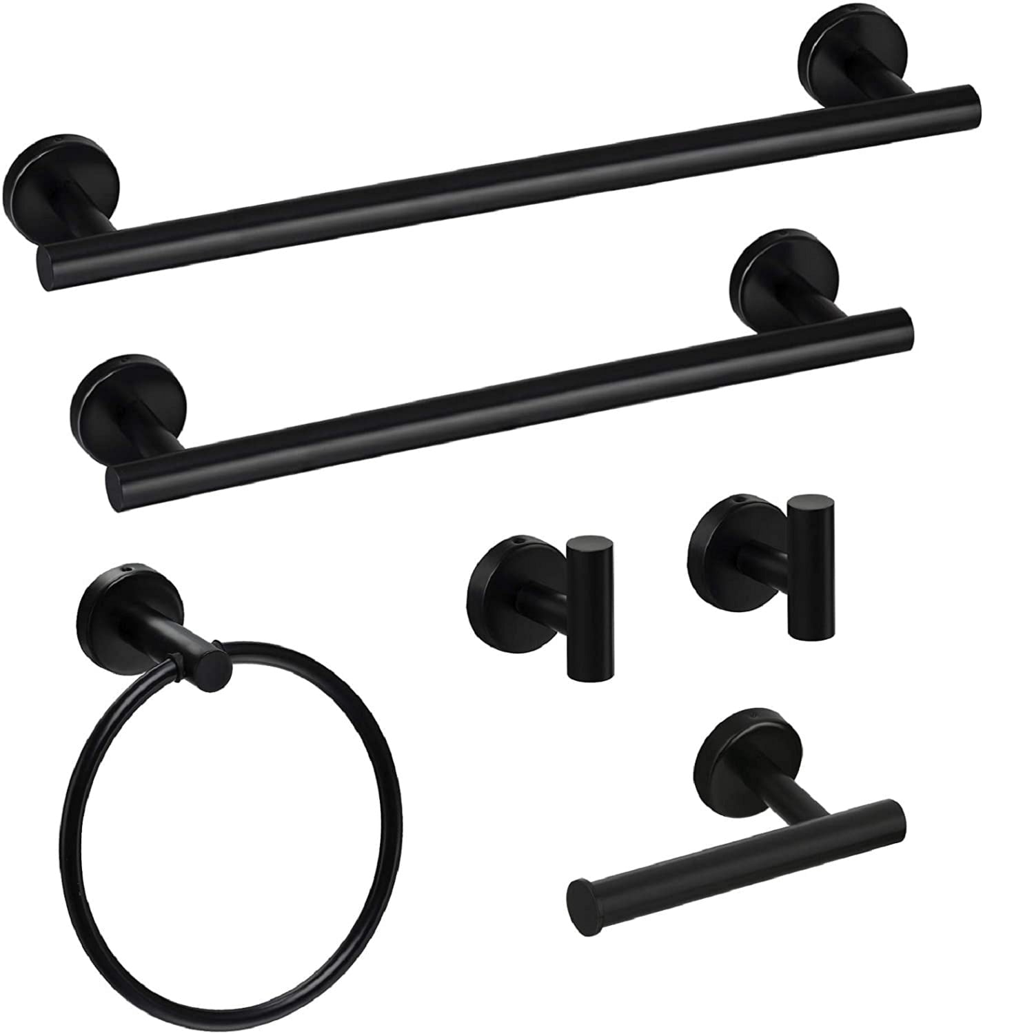 6 Pcs Bathroom Hardware Set,Stainless Steel Round Wall Mounted Includes Hand Towel Bar,Toilet Paper Holder,Robe Towel Hooks,Bathroom Accessories Kit,Black