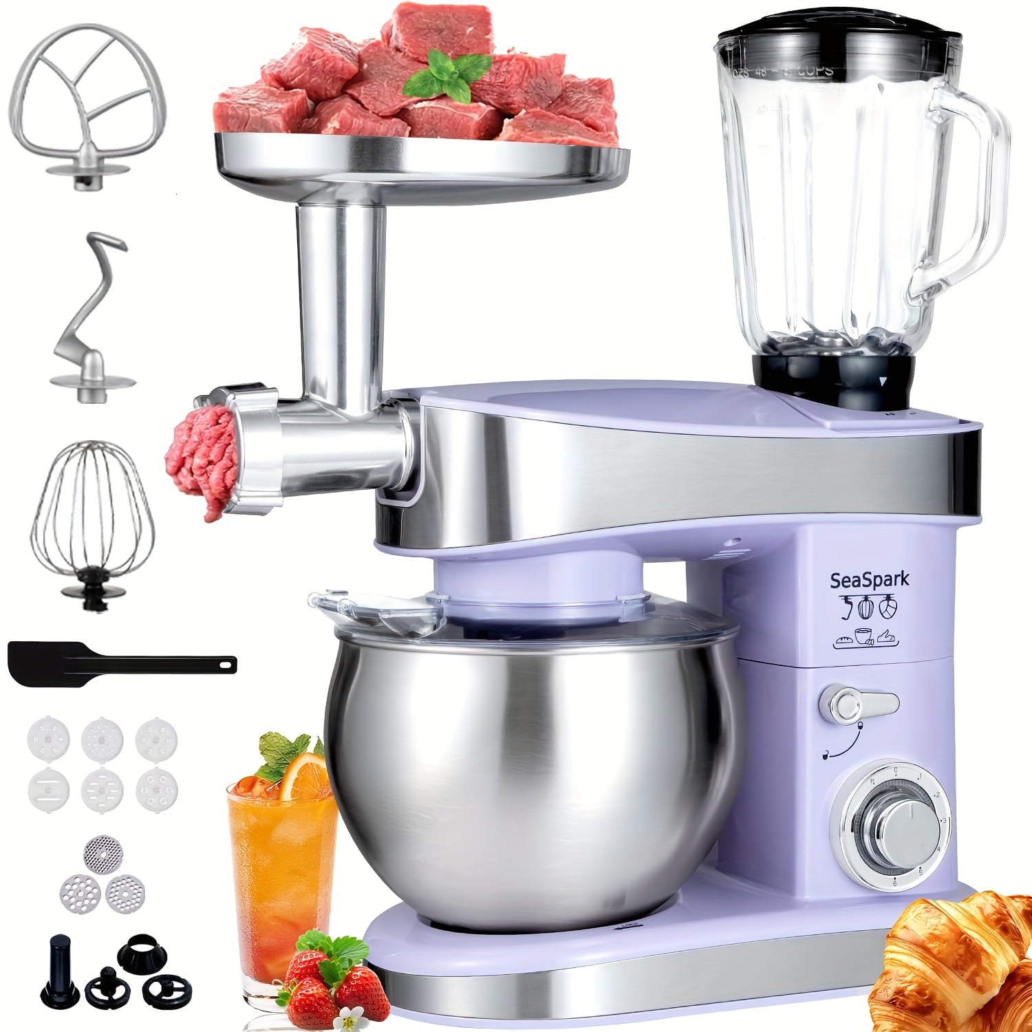 6-in-1 Electric Vertical Mixer - 400W, 6-Speed with Pulse - Includes 6.3QT Bowl, Dough Hook, Beater, Spatula, Juicer & Meat Grinder Attachments
