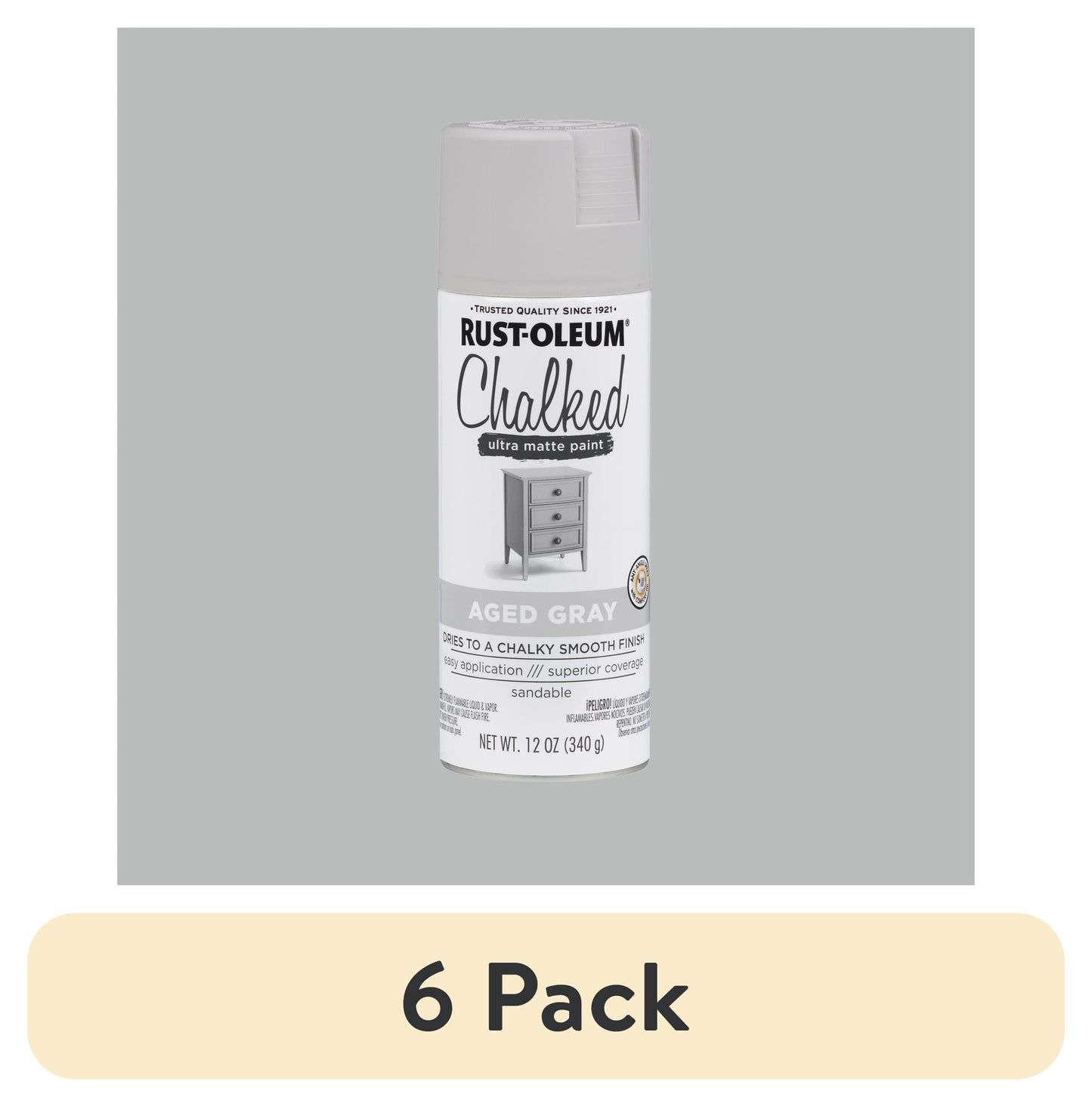 (6 pack) Aged Gray, Rust-Oleum Chalked Ultra Matte Spray Paint-302592, 12 oz