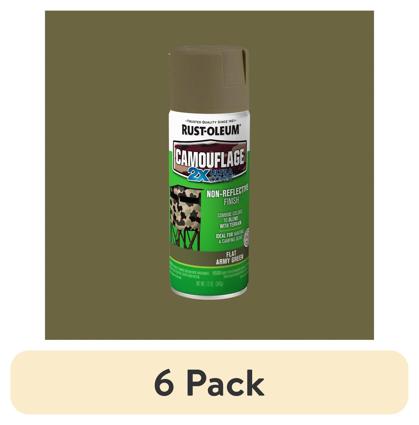 (6 pack) Army Green, Rust-Oleum Camouflage 2X Ultra Cover Flat Spray Paint-279176, 12 oz