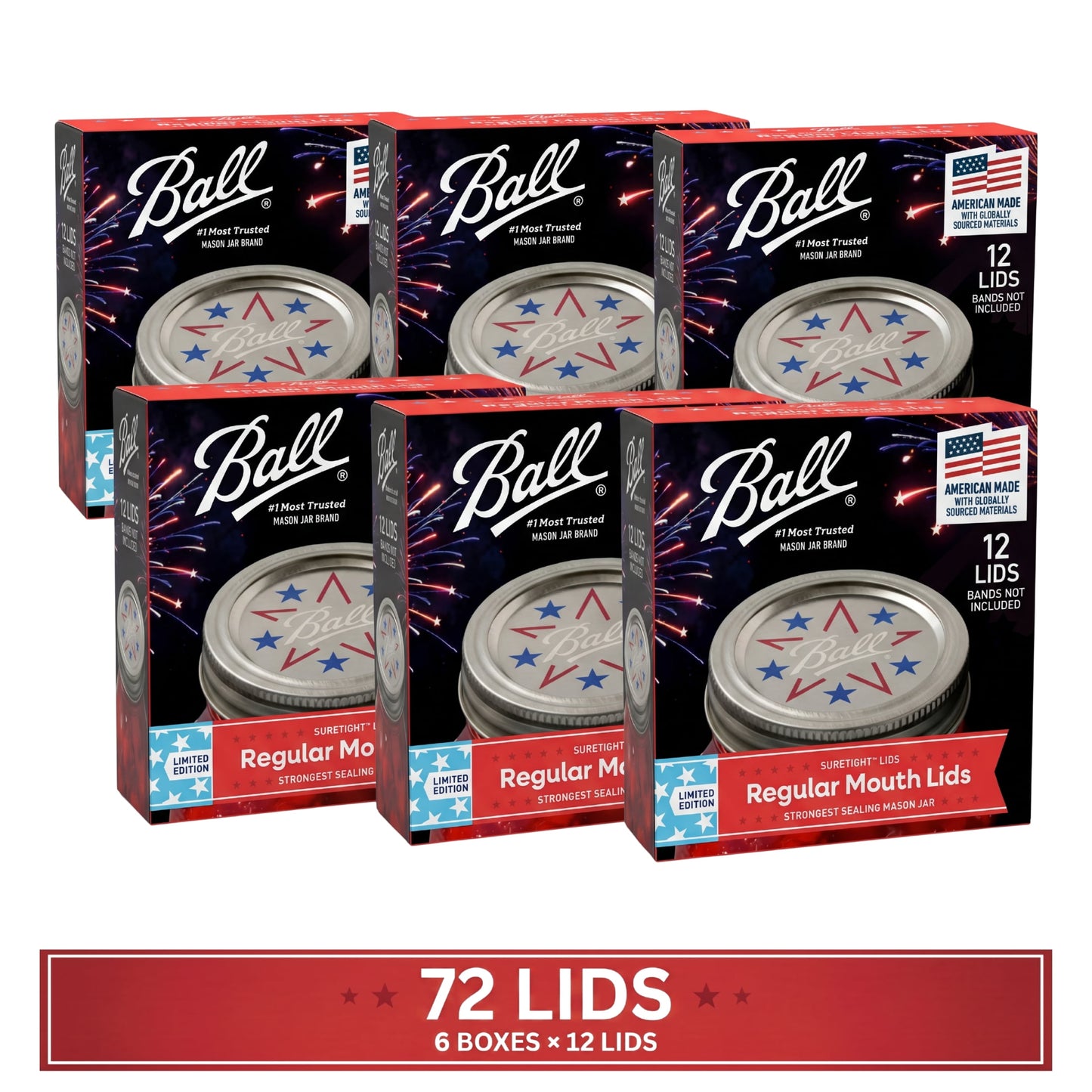 (6 pack) Ball EdiciÃ³n Limitada Americana Tapas para Frascos Mason, Tapas de Boca Regular para Frascos Mason, Paquete de 12