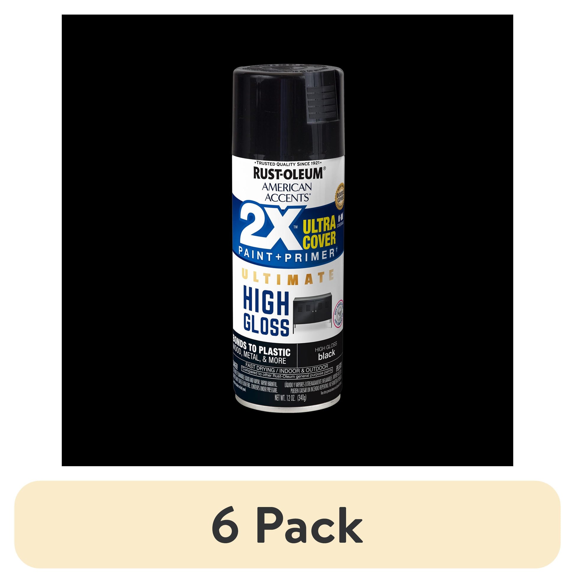 (6 pack) Black, Rust-Oleum American Accents 2X Ultra Cover High Gloss Spray Paint-328374, 12 oz