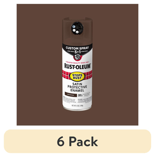 (6 pack) Dark Brown, Rust-Oleum Stops Rust Custom Sprays 5 in 1 Satin Spray Paint-376873, 12 oz
