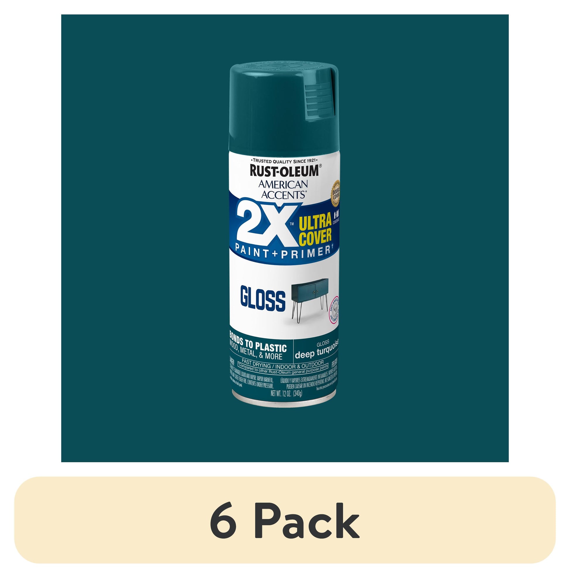 (6 pack) Deep Turquoise, Rust-Oleum American Accents 2X Ultra Cover Gloss Spray Paint-327902, 12 oz