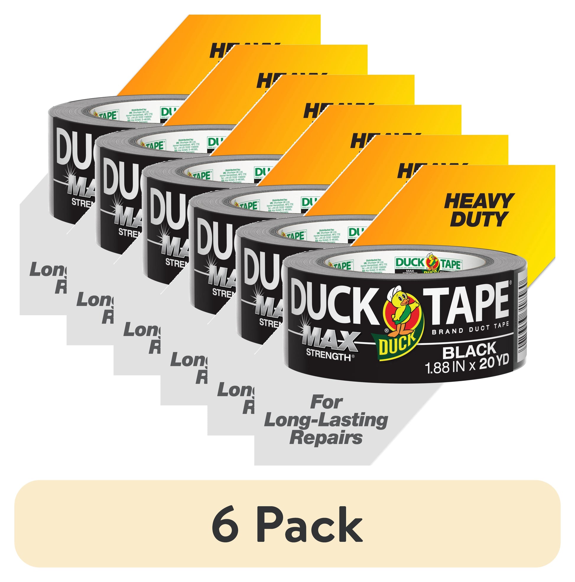 (6 pack) Duck Max Strength Brand Duct Tape, 1.88 in. x 20 yd., Black