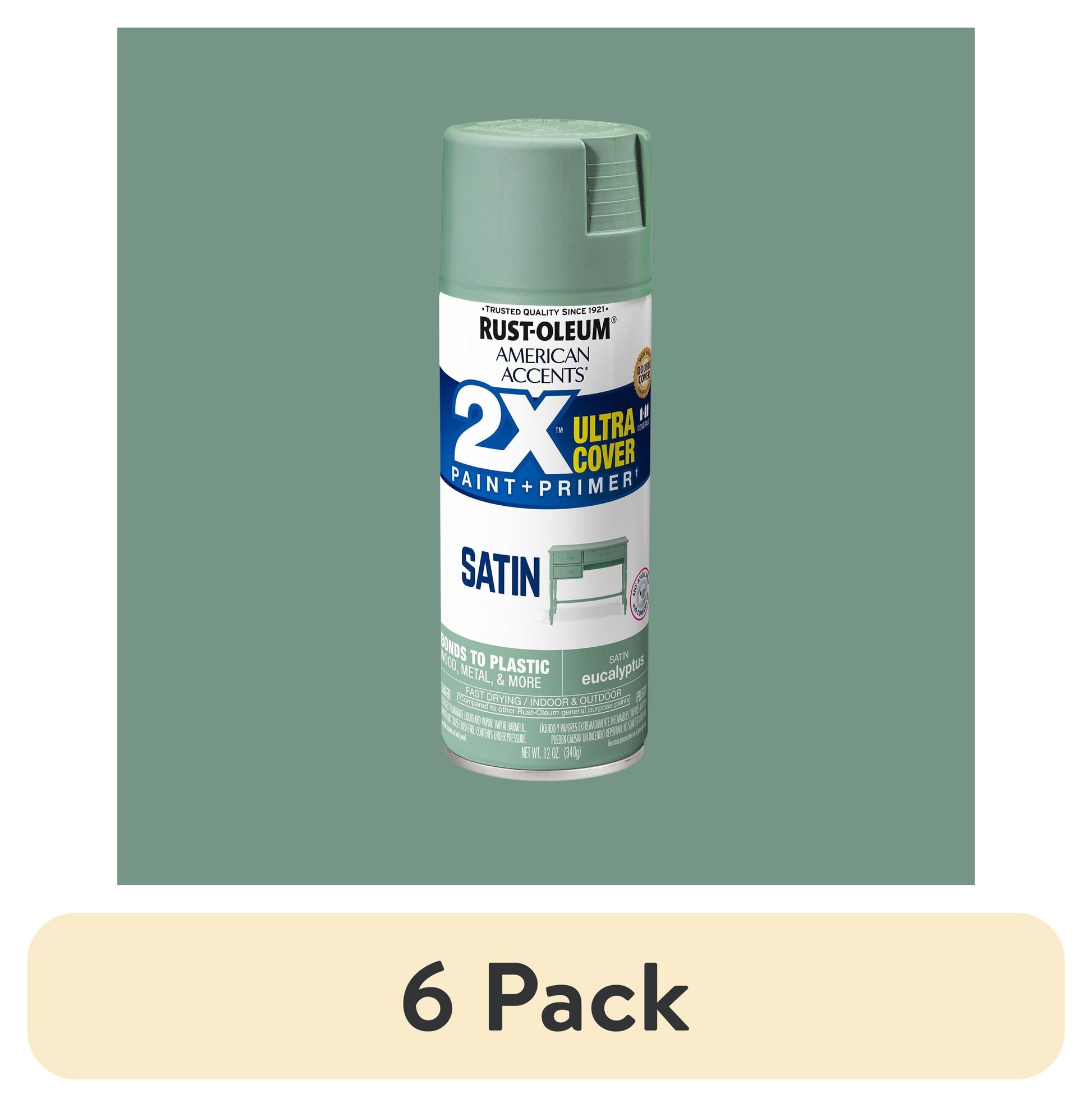 (6 pack) Eucalyptus, Rust-Oleum American Accents 2X Ultra Cover Satin Spray Paint-383196, 12 oz