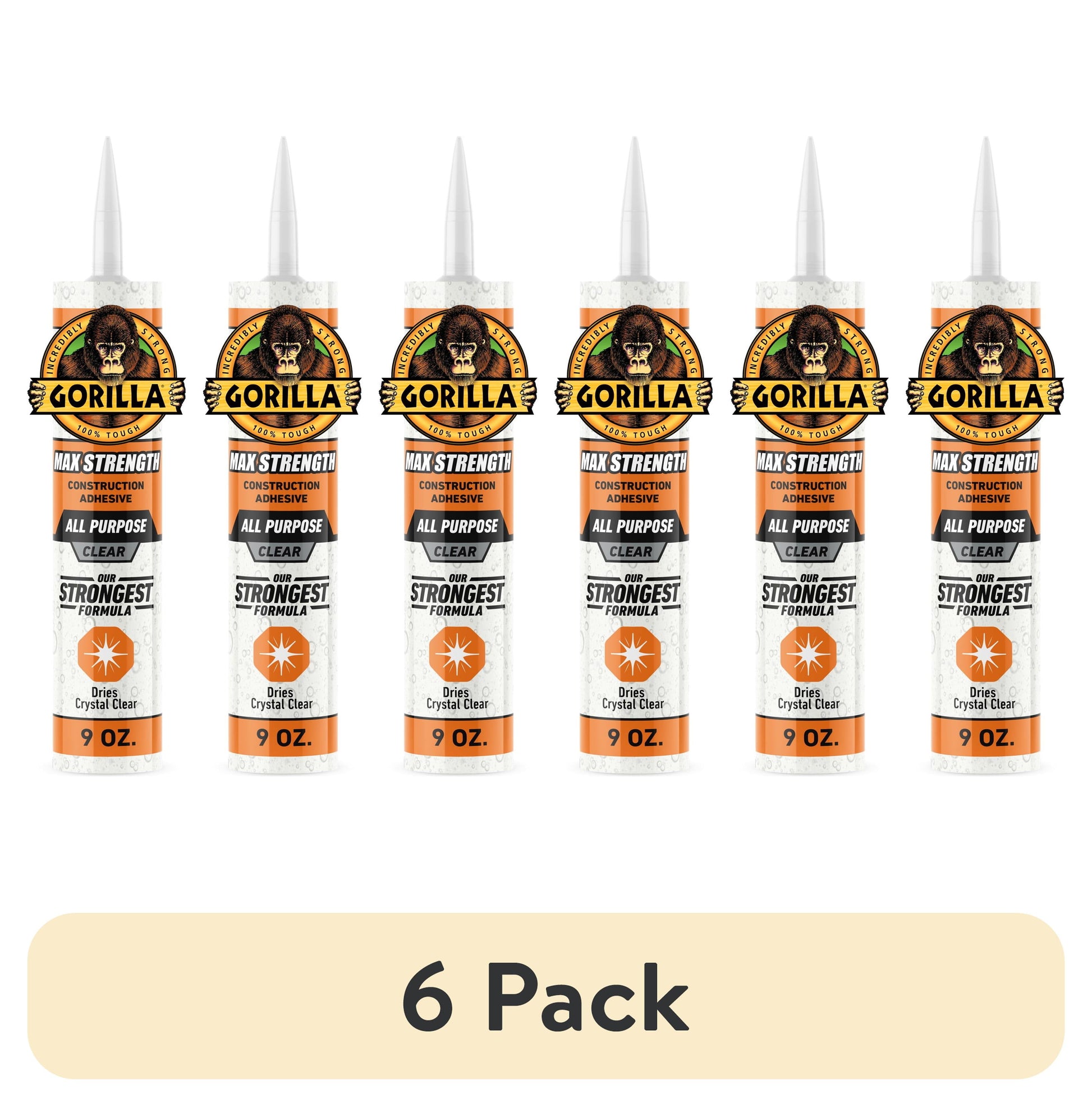 (6 pack) Gorilla Glue Clear Max Strength Construction Adhesive, 9 Ounce Size Cartridge, 1 Count. Model 8212302