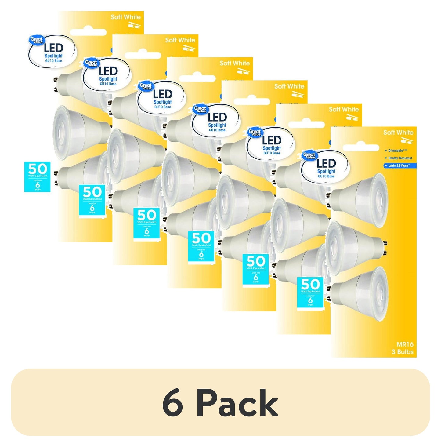 (6 pack) Great Value LED Light Bulb, 7 Watts (50W Equivalent) MR16 Lamp GU10 Base, Dimmable, Soft White, 3-Pack