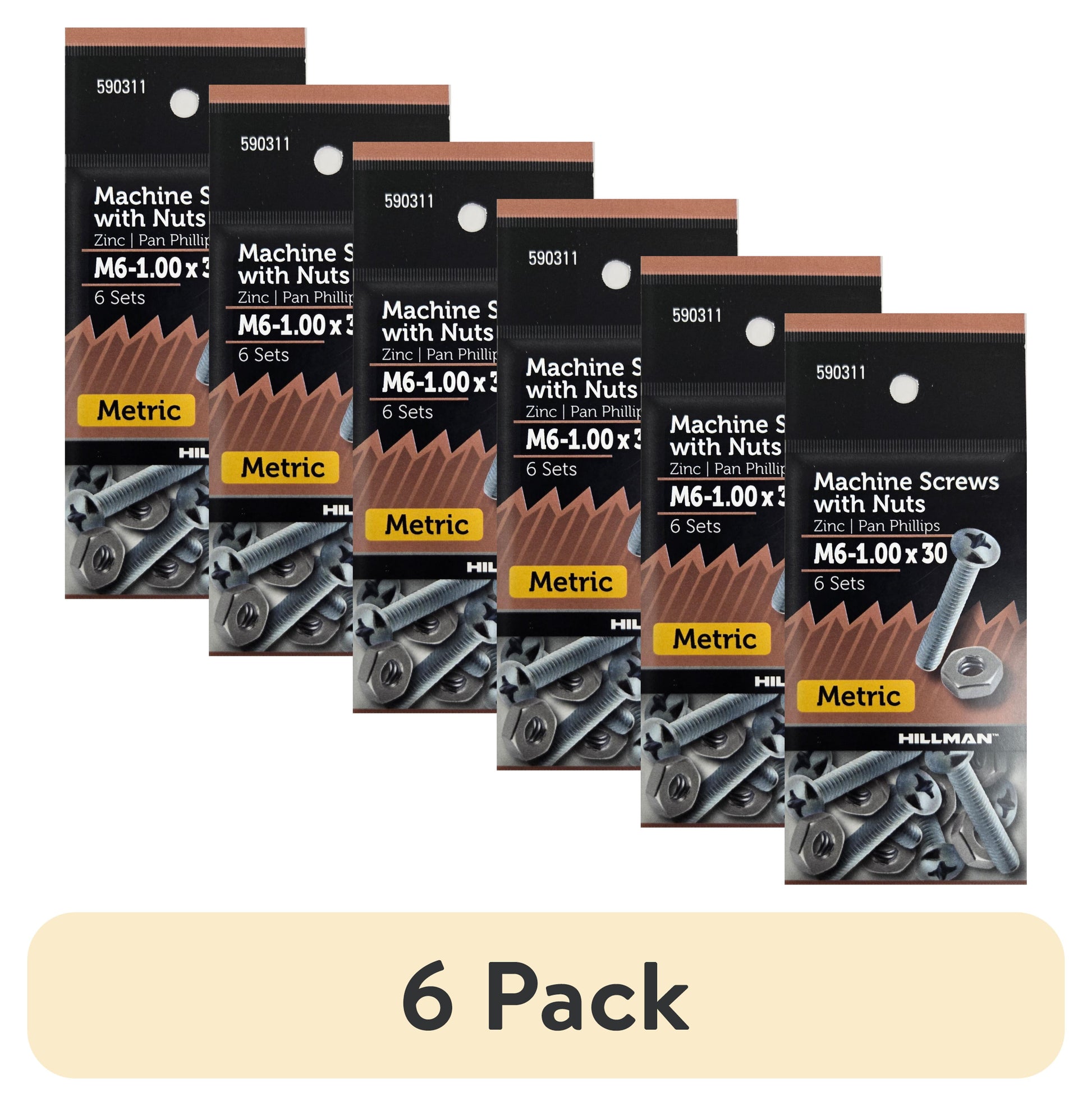 (6 pack) Hillman Pan Head Phillips Machine Screw M6-1.00 X 30, Zinc, Steel, 6 Sets
