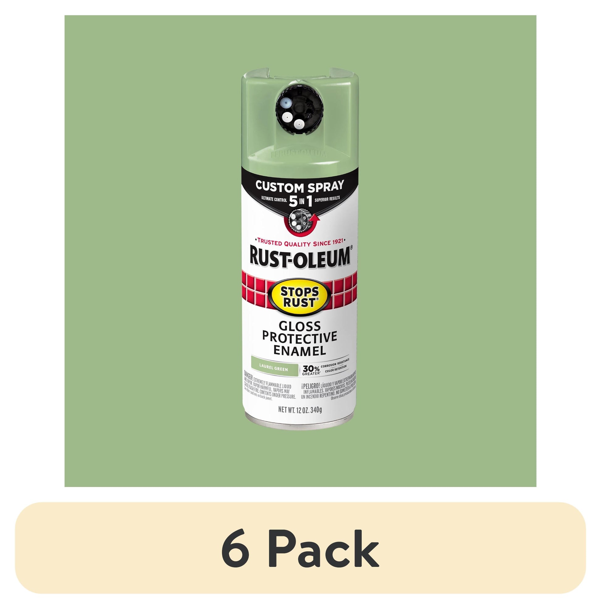 (6 pack) Laurel Green, Rust-Oleum Stops Rust Custom Sprays 5 in 1 Gloss Spray Paint-384753, 12 oz