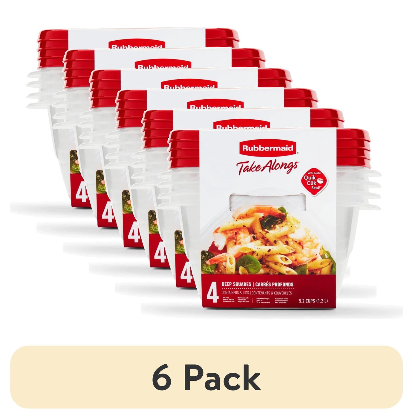 (6 pack) Rubbermaid TakeAlongs 5.2-Cup Deep Square Food Storage Containers, Ruby Red, 4 pack