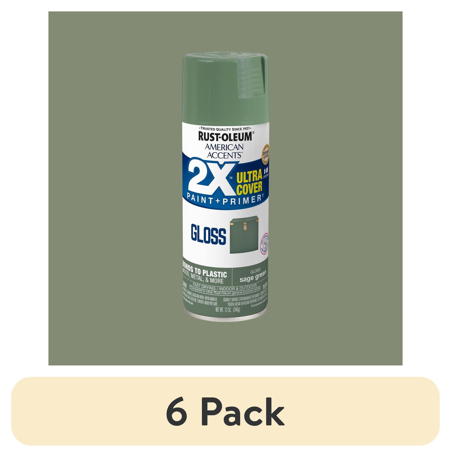 (6 pack) Sage Green, Rust-Oleum American Accents 2X Ultra Cover Gloss Spray Paint-376180, 12 oz