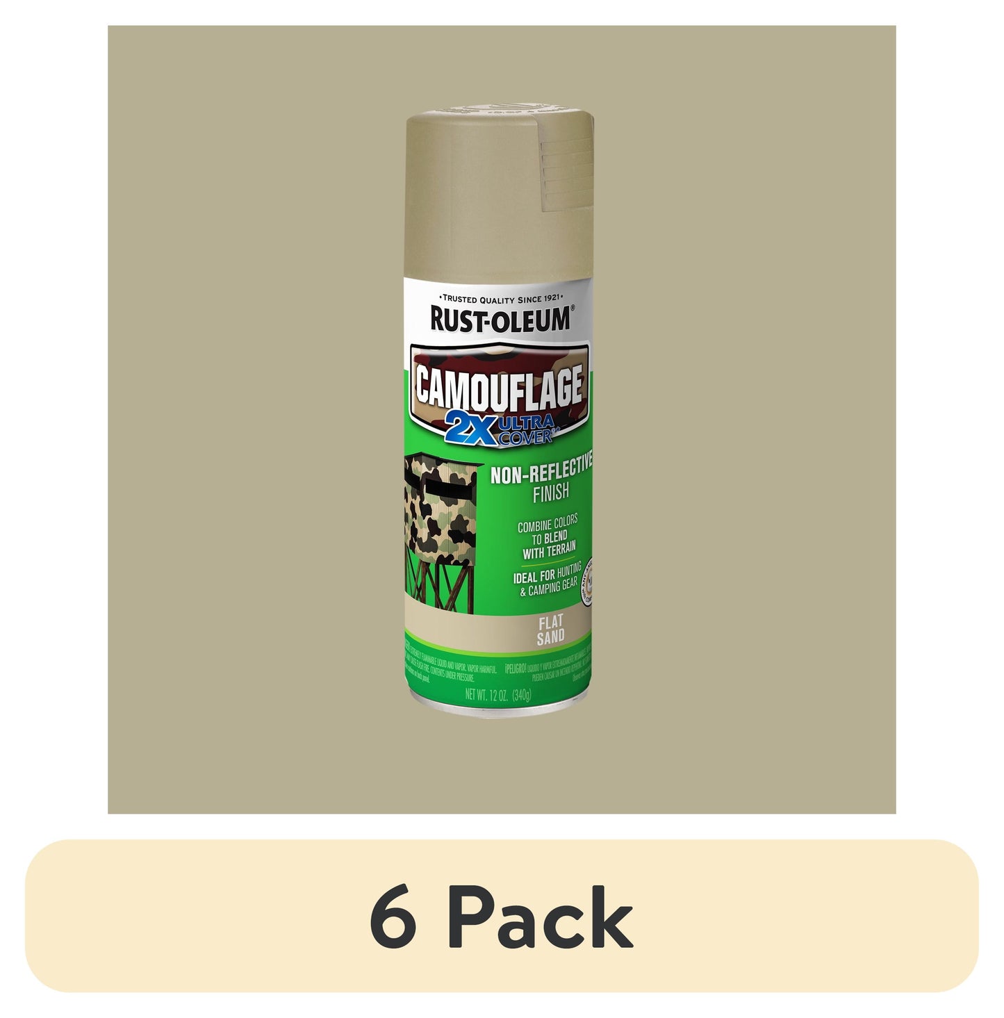 (6 pack) Sand, Rust-Oleum Camouflage 2X Ultra Cover Flat Spray Paint-339004, 12 oz