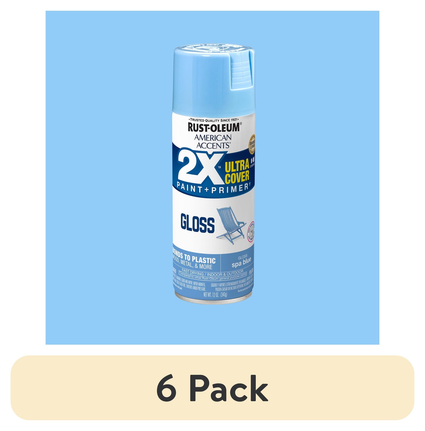 (6 pack) Spa Blue, Rust-Oleum American Accents 2X Ultra Cover Gloss Spray Paint-327890, 12 oz