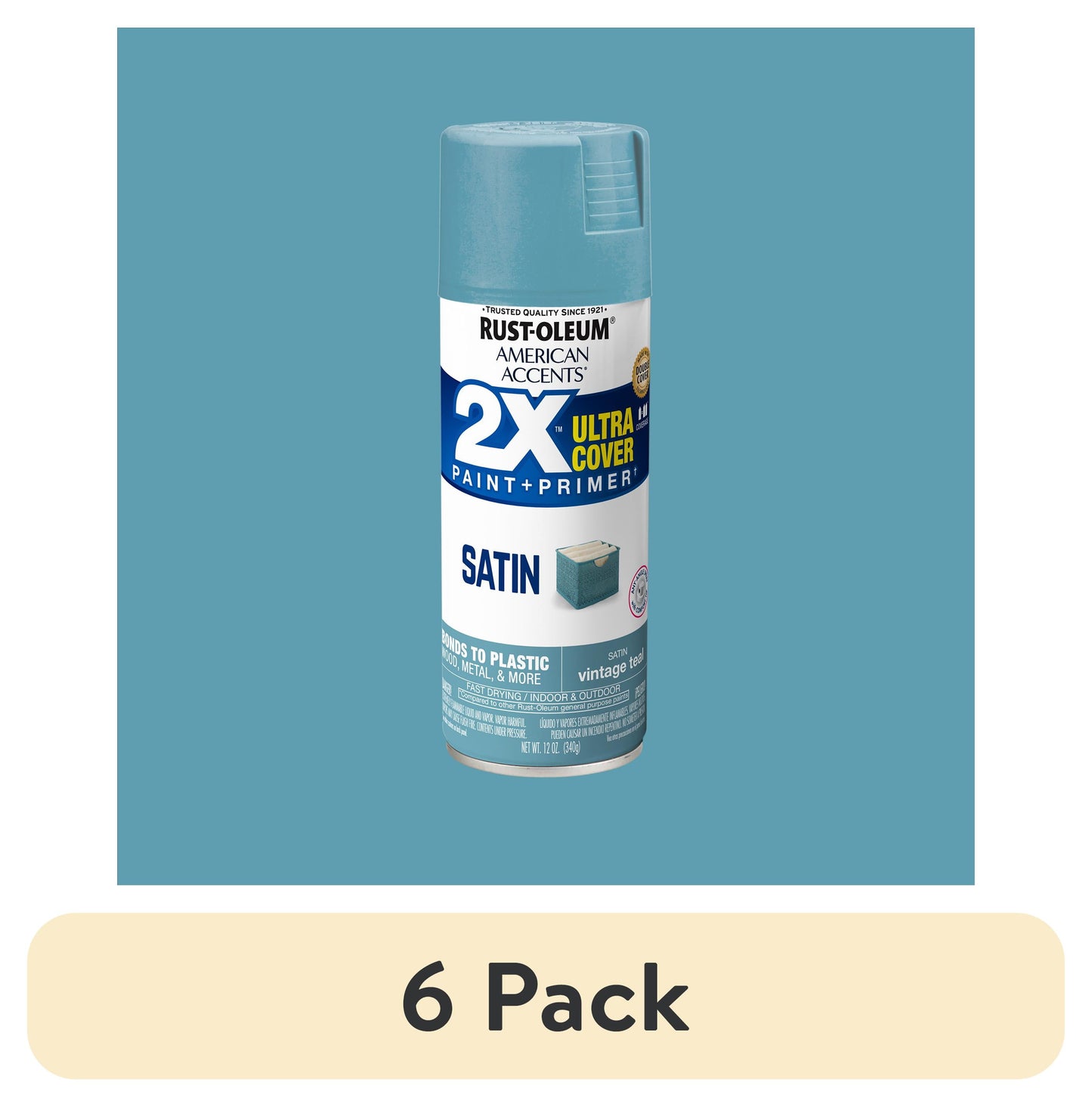 (6 pack) Vintage Teal, Rust-Oleum American Accents 2X Ultra Cover Satin Spray Paint-354707, 12 oz