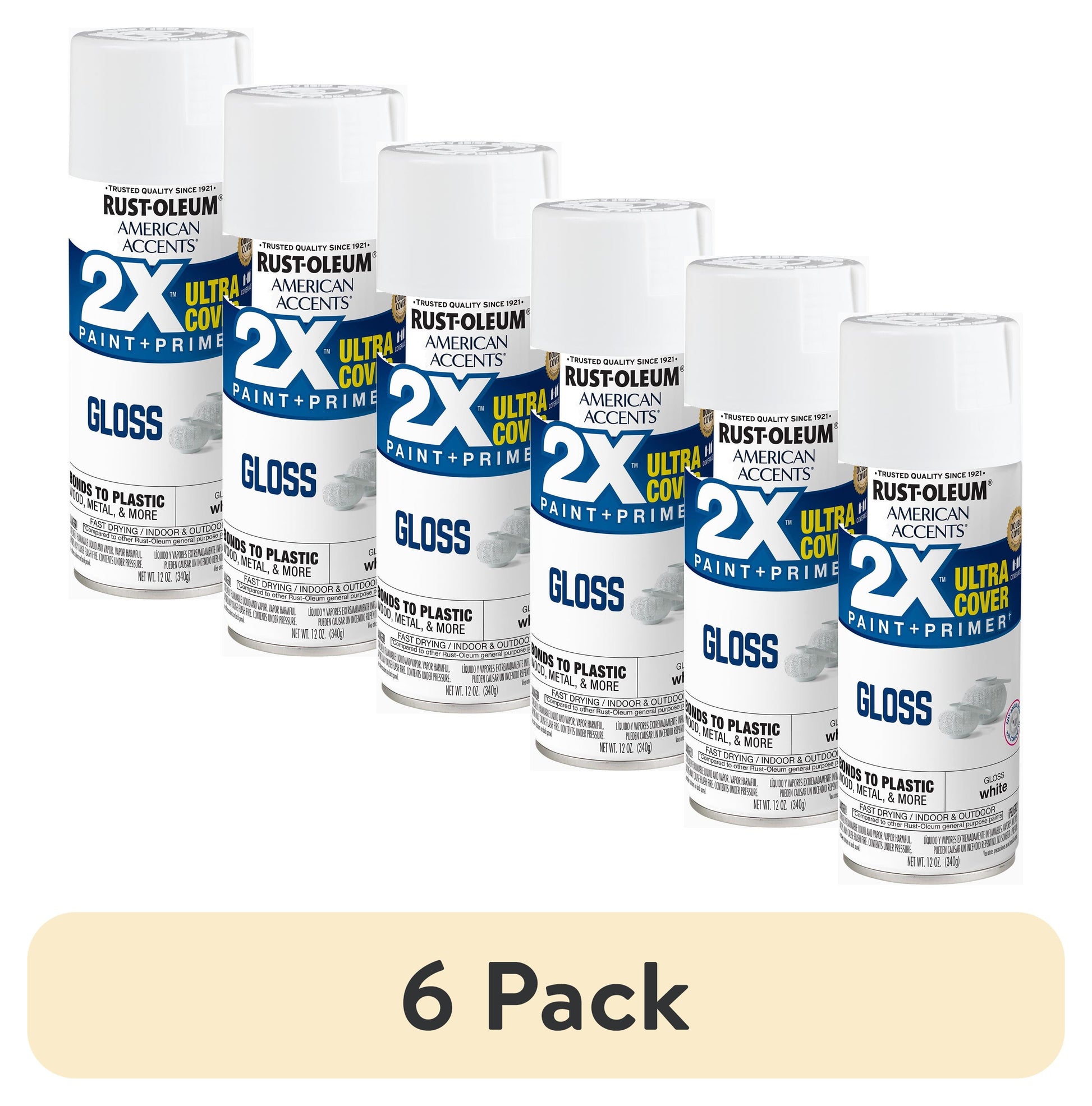 (6 pack) White, Rust-Oleum American Accents 2X Ultra Cover Gloss Spray Paint-327874, 12 oz