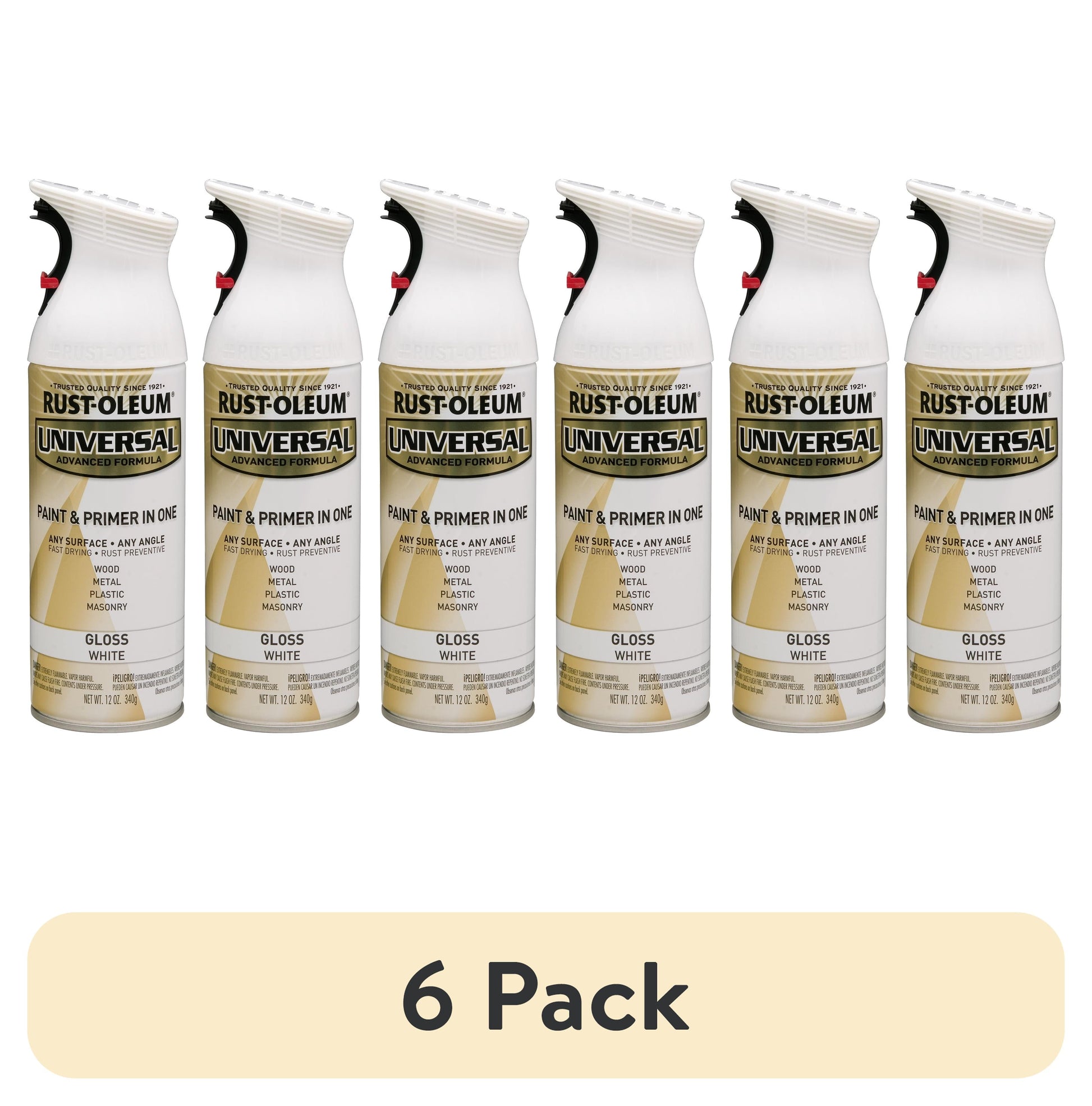 (6 pack) White, Rust-Oleum Universal Paint & Primer Gloss Spray Paint-245199, 12 oz