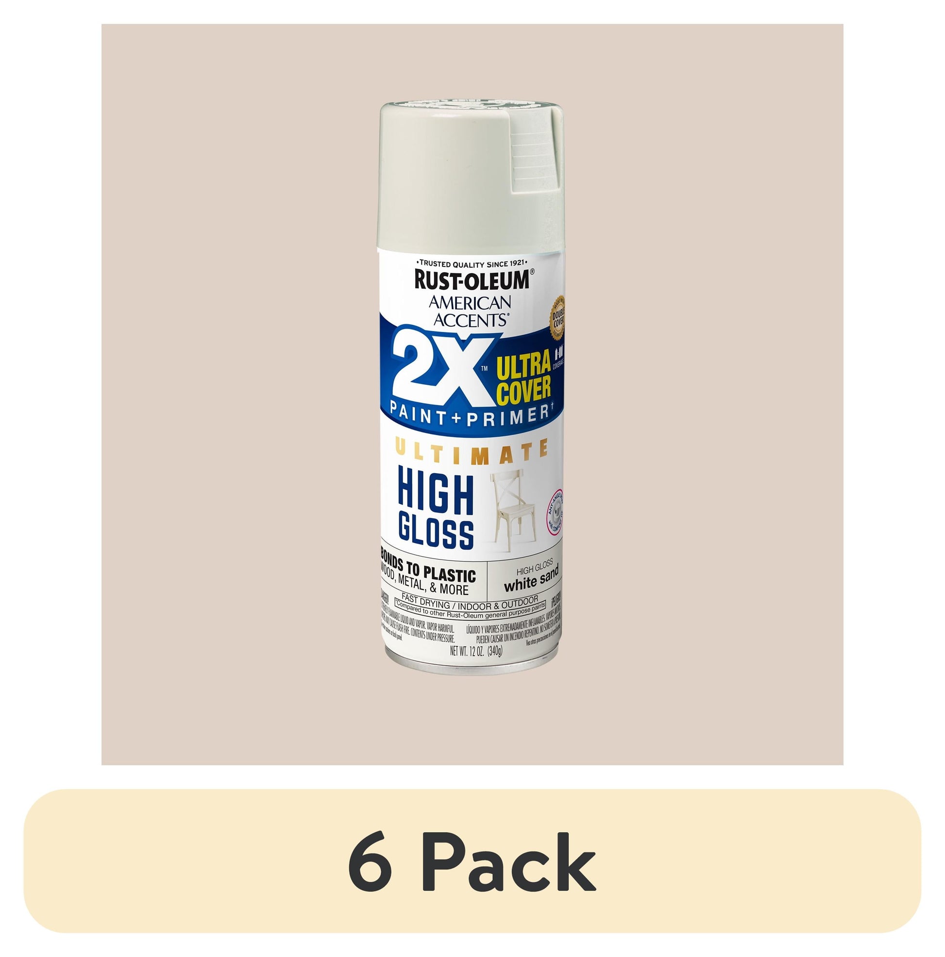 (6 pack) Arena Blanca, Rust-Oleum American Accents 2X Ultra Cover Pintura en Aerosol de Alto Brillo-344688, 12 oz