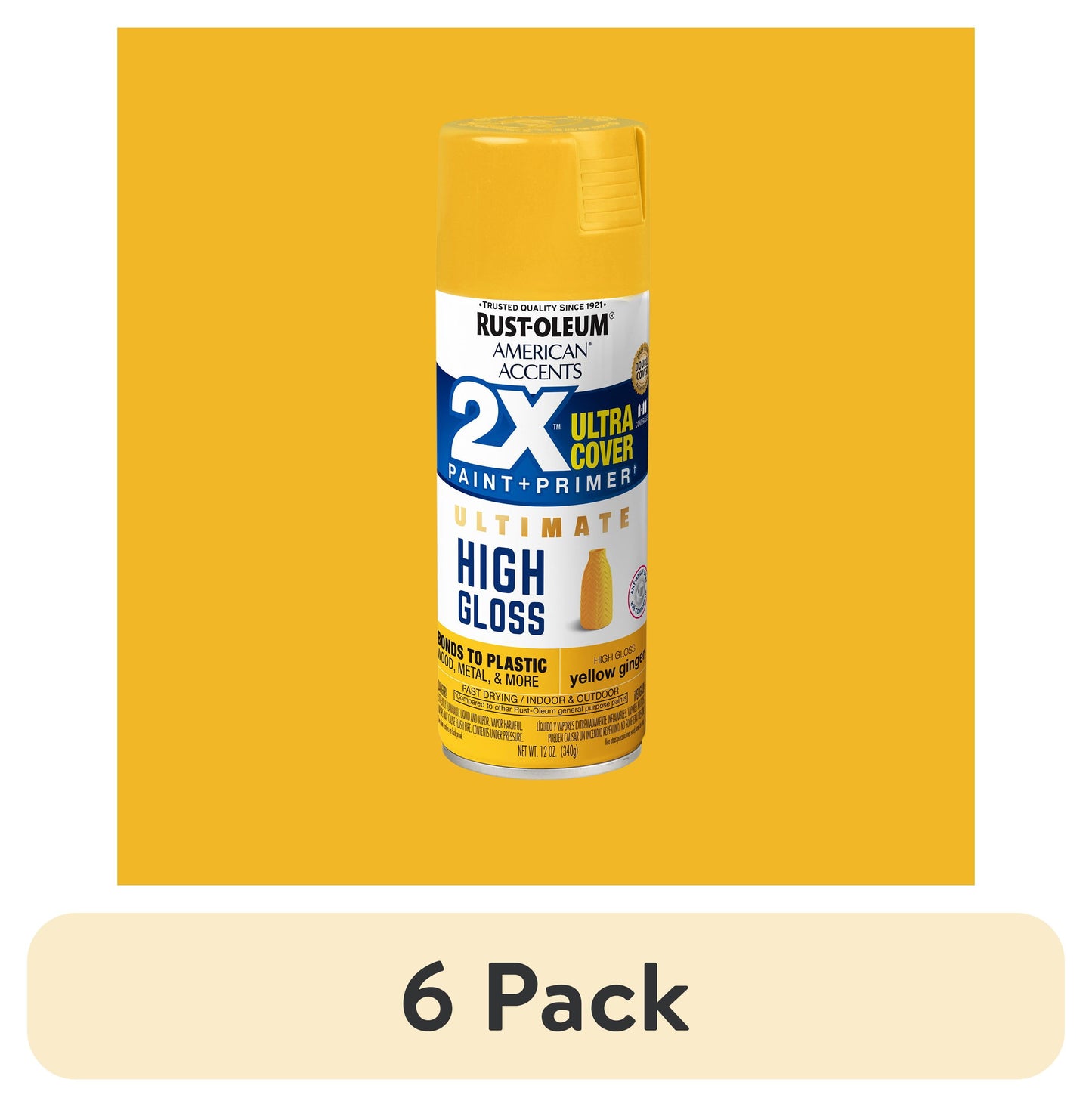 (6 pack) Yellow Ginger, Rust-Oleum American Accents 2X Ultra Cover High Gloss Spray Paint-344692, 12 oz