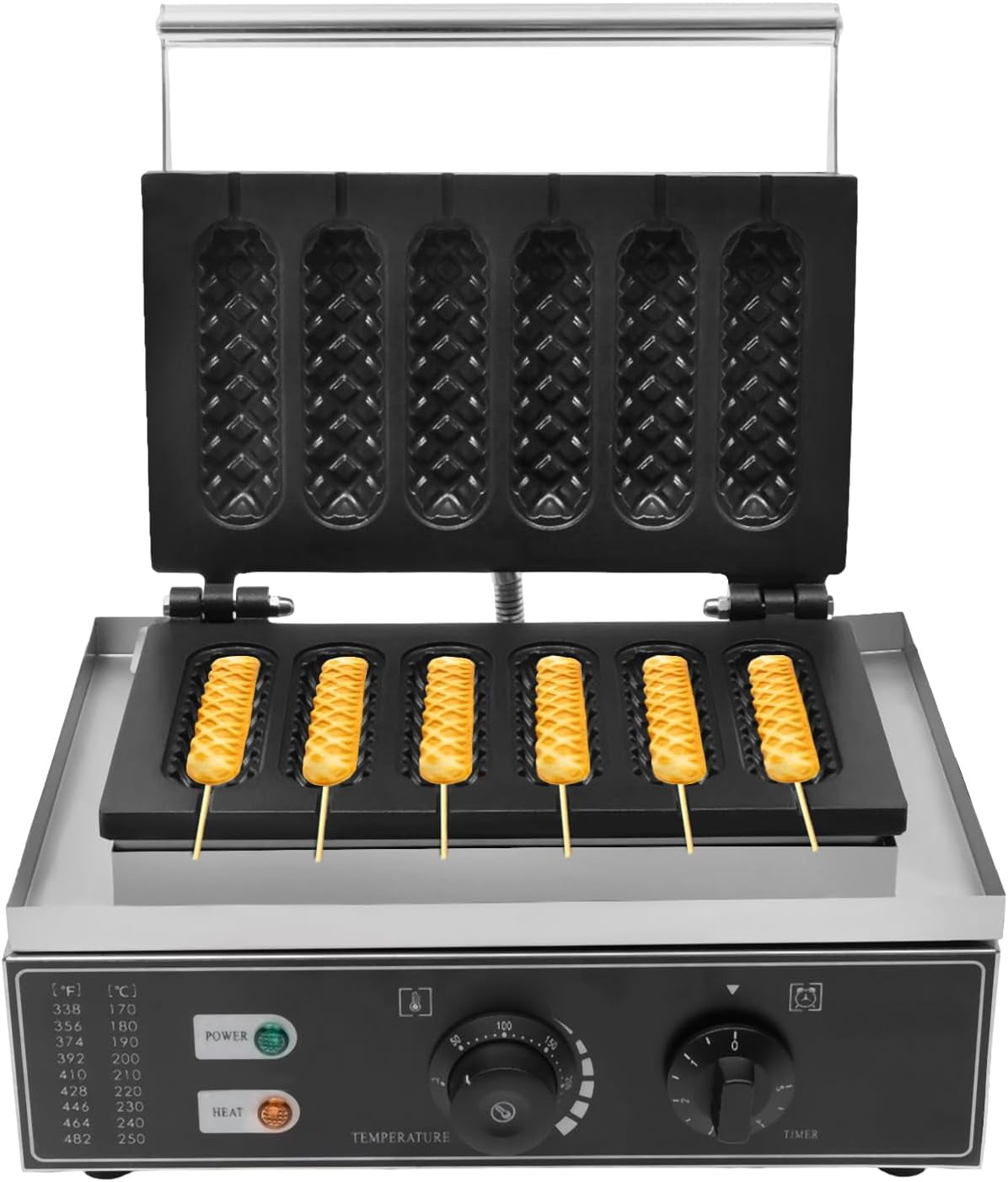 6 pcs Commercial Waffle Maker with Temp Control, 110V 1500W Electric Waffle Stick Baker Machine, French Stainless Steel Corn Dog Muffin Cooker, Removable Tray