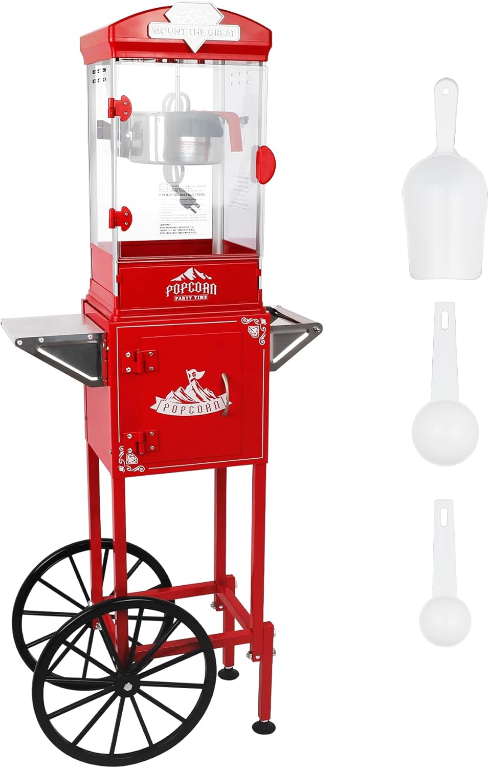 Popcorn Maker Machine with Cart: Retro Electric Popcorn Maker with 10OZ Stainless Steel Kettle, Movie Theater Style Pop Corn Popper for Home & Commercial - Red
