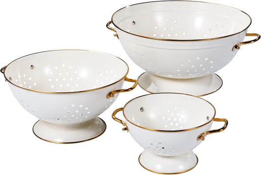 Metal Colander Set of 3, Strainer Basket with Handles perfect for Spaghetti, Pasta, Berry, Vegetable, Fruit, Solid Base Powder Coated Kitchen Essential Strainer Set, 1 & 3.5 & 5 Qt (Cream)