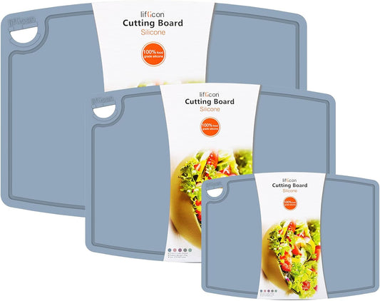 Liflicon Silicone Thick Cutting Boards Mats Set of 3 Foldable & Flexible Design Juice Grooves Easy Grip Handle Dishwasher Safe for Kitchen,BPA free Silicone Cutting Board-Light Blue